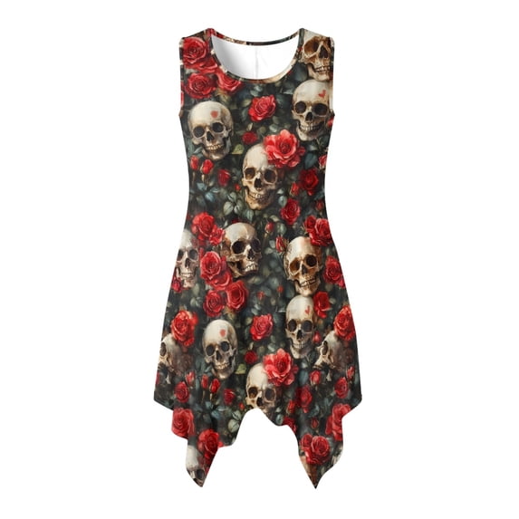 HELLHERO Skull And Red Roses Pattern Ladies Round Neck Sleeveless Dress, Side Pockets Sundress Asymmetric Irregular Hem Sleeveless Sundress for Vacation Holiday