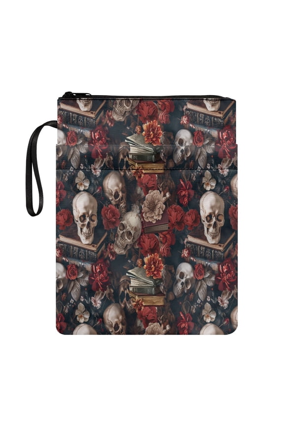 Skull Rose Paperback Book Cover with Handle Polyester Fabric Zipper Bible Book Carrying Bag for Bible or Book Lightweight Paperbacks Notebook Book