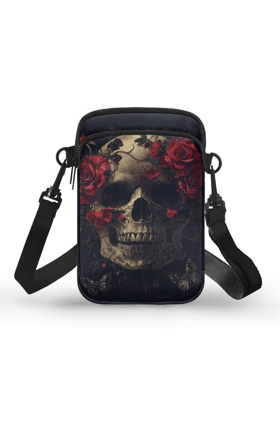 Skull Roses Butterflies Shoulder Bag Vintage, Double Zipper for Outdoor Travel, Outdoor Daily Use