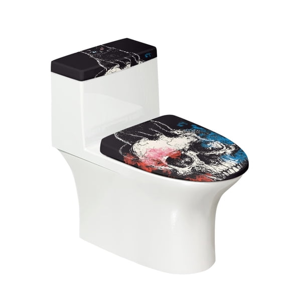 HELLHERO Skull and Cat Pattern Toilet Lid Seat Cover with Fits All Toilet Shapes 2 Piece Set Toilet Covers Set 17x21 Inches for Soft