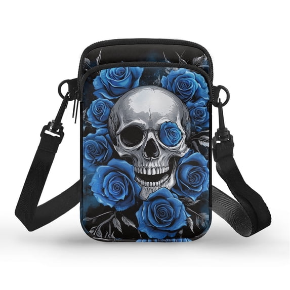 HELLHERO Skull and Rose Design with Zipper Small Crossbody Purse 4.33"x1.97"x7.09" for Women Polyester