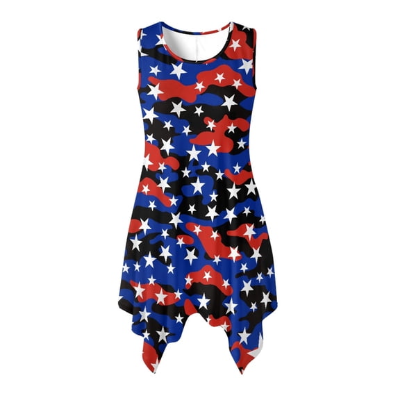 HELLHERO Sleeveless Midi Dress, Stars Stripes Side Pockets Ladies Irregular Hem Casual Dress, Round Neck Non Deform Sleeveless Sundress for Vacation Coffee Dates