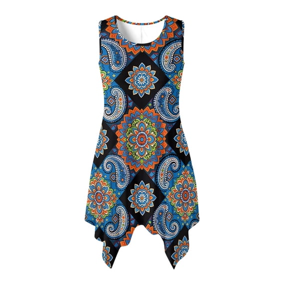 HELLHERO Sleeveless Sleeveless Sundress, Floral Medallion Pattern Summer Sleeveless Dress Polyester Crew Neck Ladies Irregular Hem Casual Dress Side Pockets