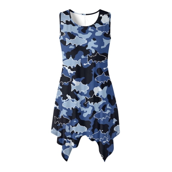 HELLHERO Sleeveless Summer Sleeveless Dress, Sharks Camo Print Ladies Round Neck Sleeveless Casual Dress Polyester Side Pockets Sleeveless Sundress Asymmetric