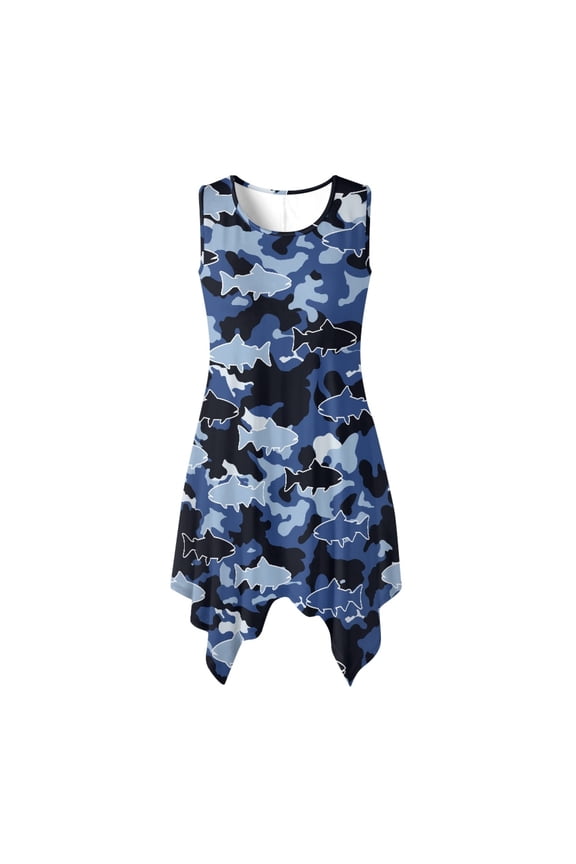 Sleeveless Summer Sleeveless Dress, Sharks Camo Print Ladies Round Neck Sleeveless Casual Dress Polyester Side Pockets Sleeveless Sundress Asymmetric