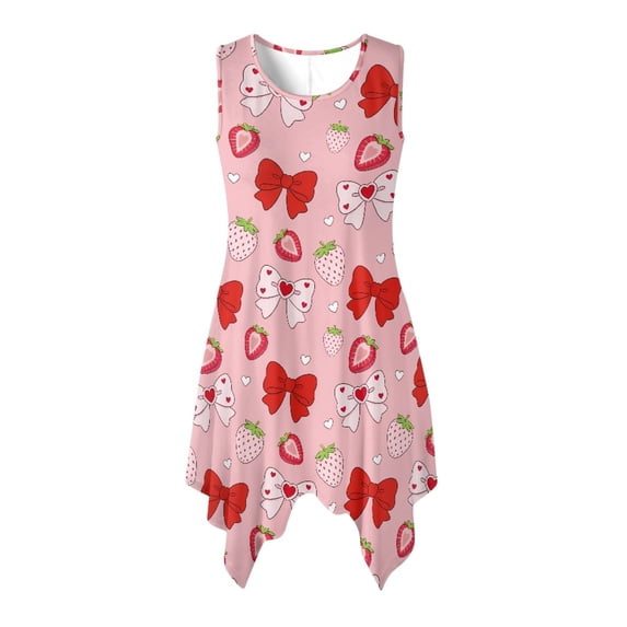 HELLHERO Sleeveless Summer Sleeveless Dress, Strawberry Bow Print with Heart Accents Sleeveless Sundress Polyester Women Round Neck Sleeveless Tank Dress