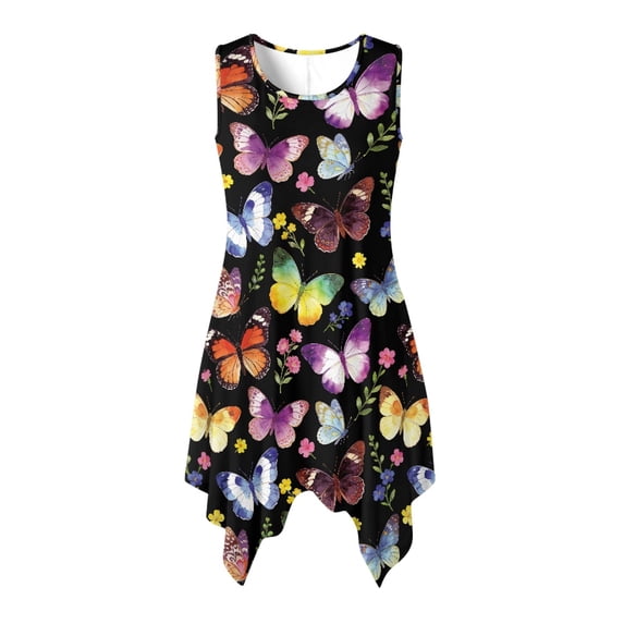 HELLHERO Sleeveless Sundress, Butterfly Asymmetric Sleeveless Tank Dresses, Crew Neck Side Pockets Asymmetric Hem Midi Dress for Cocktail Party Shopping
