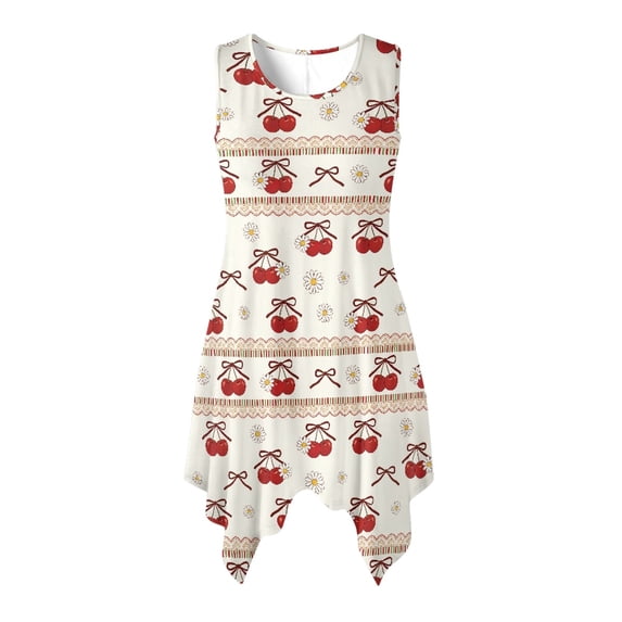 HELLHERO Sleeveless Sundress, Cherry & Daisy Print with Bow Accents Side Pockets Summer Sleeveless Dress, Pleated Ladies Irregular Hem Casual Dress for Travel Daily