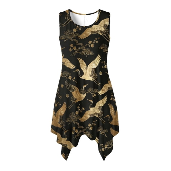 HELLHERO Sleeveless Sundress, Golden Cran Pine Floral Side Pockets Summer Sleeveless Dress, Asymmetric Irregular Hem Ladies Irregular Hem Casual Dress for Party