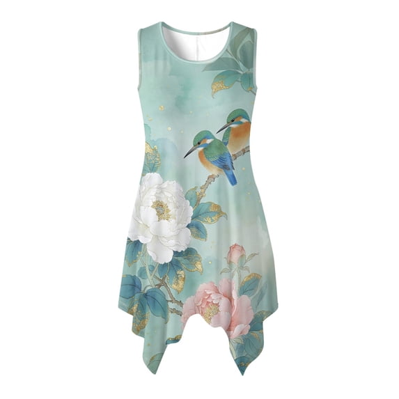 HELLHERO Sleeveless Sundress, Kingfisher Blossom Scene Side Pockets Summer Sleeveless Dress, Irregular Hem Non Wrinkle Asymmetric Hem Midi Dress for Party Gathering
