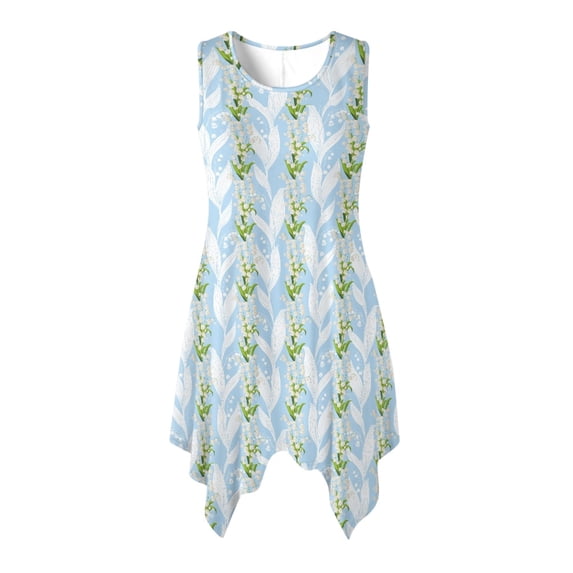 HELLHERO Sleeveless Sundress, Lily of The Valley Pattern Irregular Hem Midi Dress, Side Pockets Tank Ladies Irregular Hem Casual Dress for Party Vacation