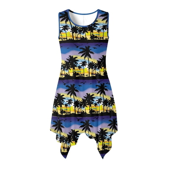 HELLHERO Sleeveless Sundress, Sunset Palm Sky Side Pockets Sleeveless Dress, Round Neck Irregular Hem Summer Sleeveless Dress for Party Pool Party