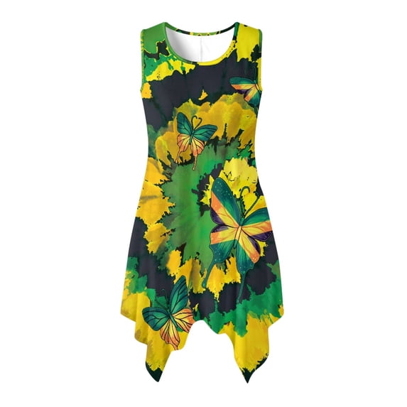 HELLHERO Sleeveless Sundress with Butterfly Print, Asymmetric Hem Midi Dress for Casual Work and Holiday Wear
