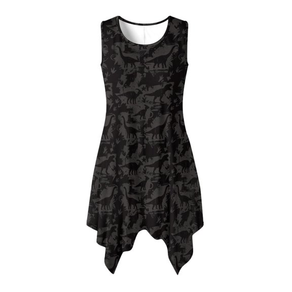 HELLHERO Sleeveless Sundress with Dinosaur Print, Asymmetric Hem Midi Dress with Side Pockets for Graduation and Beach Vacation