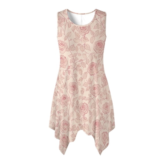HELLHERO Sleeveless Sundress with Rose Sketch Pattern, Asymmetric Midi Dress with Pockets for Beach Vacation and Holiday Party Events