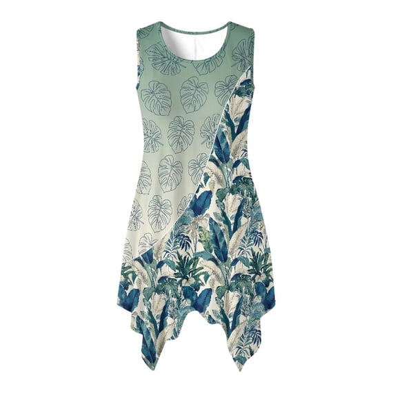 HELLHERO Sleeveless Sundress with Tropical Leaf Pattern, Asymmetric Midi Dress with Pockets for Beach Vacations and Christmas Parties