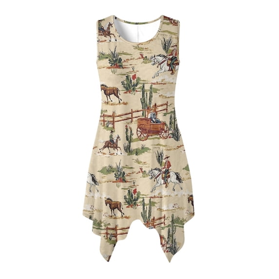 HELLHERO Sleeveless Sundress with Western Print, Asymmetric Pleated Midi Dress for Women Casual Travel and Picnic Trips