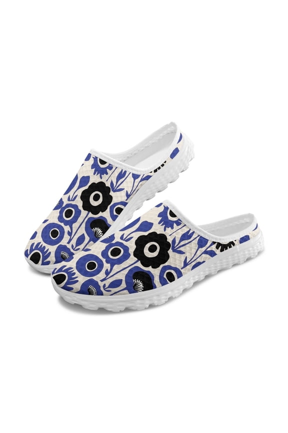 Slip On Mesh Slip On Clogs for Outdoor Travel Garden, Casual Mesh Slip On Shoes, Blue Floral Print, Quick Dry Half Drag Breathable Mesh Slip On Mules