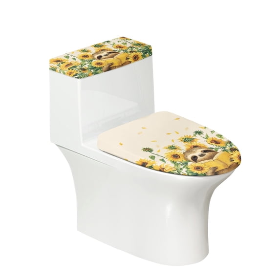 HELLHERO Sloth Sunflower Pattern Toilet Lid Dust Cover Set 17"x21" Elastic Bottom Dustproof for Bathroom Accessories