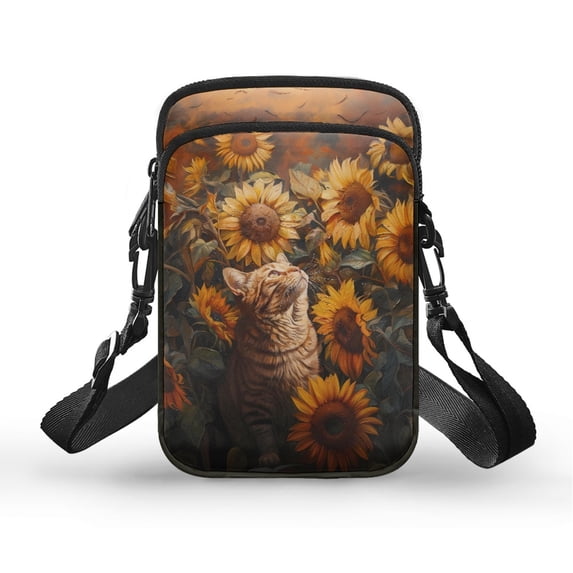 HELLHERO Small Crossbody Purse Polyester with Zipper Cat in Sunflower Field for Casual Use Adults