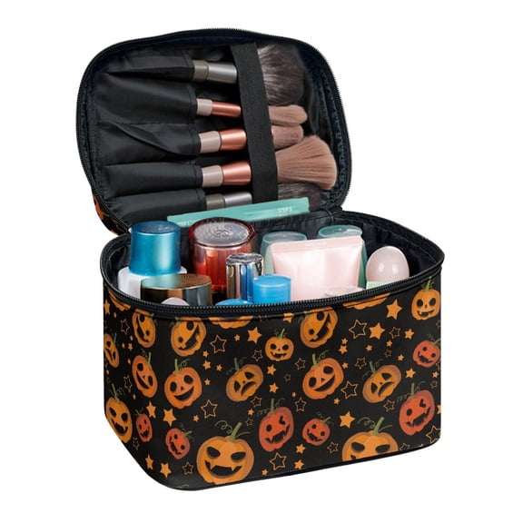 HELLHERO Smiley Pumpkin Pattern Travel Make Up Organizer Bag with Brush Slots Polyester Makeup Beauty Bag Vacation Travel