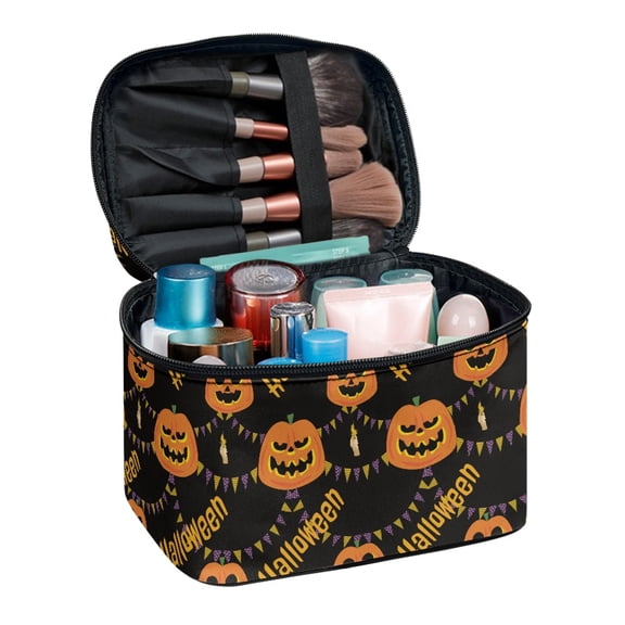 HELLHERO Smiley Pumpkin Pattern Wide-open Portable Makeup Bag Organizer with Brush Slots Practical Polyester Men and Women Door Room Essentials Travel Organizer