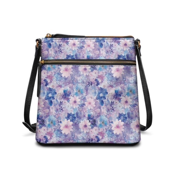HELLHERO Smooth Zipper Crossbody Bag for Dating Shopping Short Trips, PU Leather Adjustable Strap Waterproof Purse Satchel, Pinkish-Purple Floral Pattern