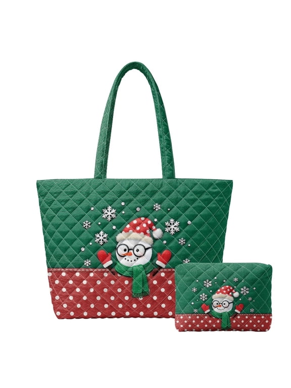 Snowman Christmas Pattern Quilted Shoulder Bags, Polyester Women's Quilted Bag Large Easy to Carry Purses and Handbags Set for Daily Use