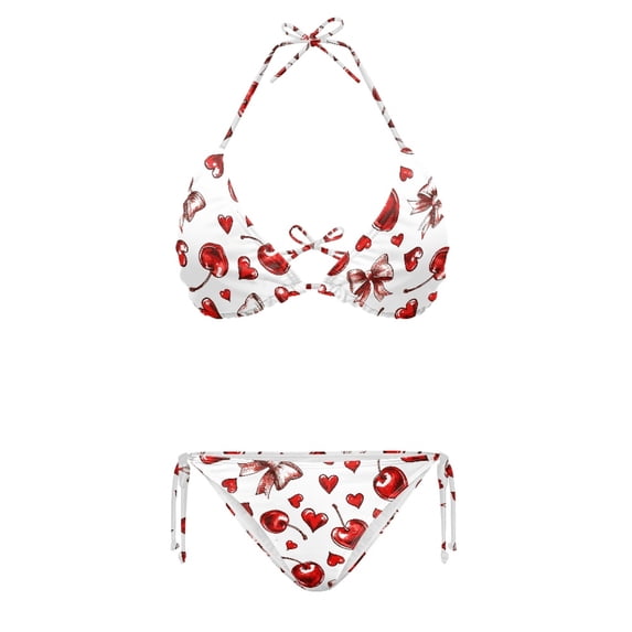 HELLHERO Soft Fabric Bathing Suits Bikini Swimwear Two Piece for Women Elastic String Relaxing Plus Size Swimsuit Heart-Shaped Cherry
