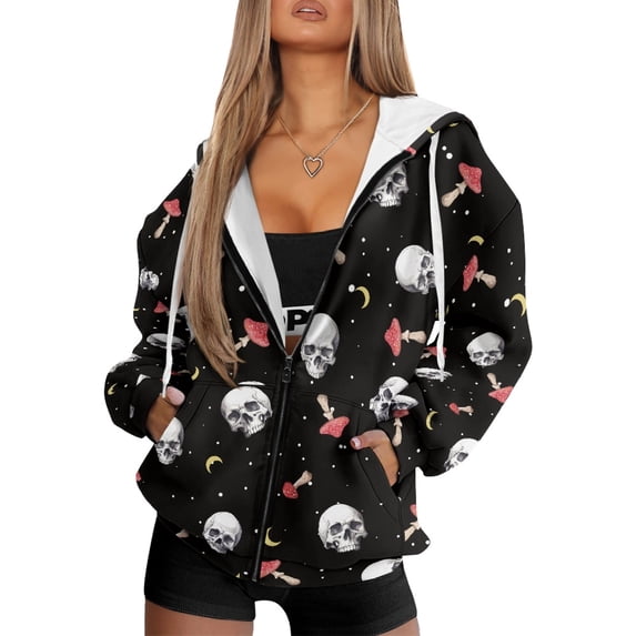HELLHERO Soft Zip Up Jacket for Fall Daily, Skull and Mushroom Pattern Polyester Fabric With Zipper Cropped Hoodie