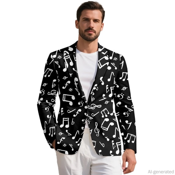 HELLHERO Solid Suit Separates Coat, Musical Note Design Polyester One Button Mens Suit for Business Casual