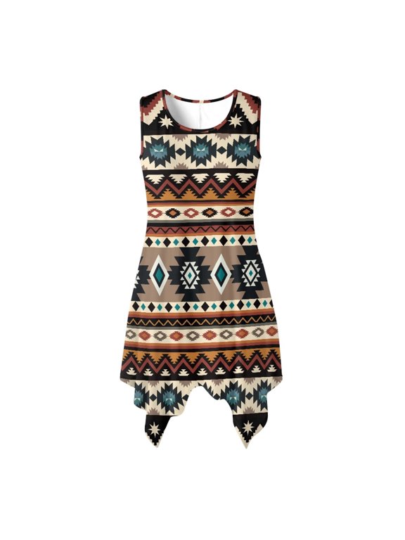 Southwestern Geometric Pattern Sleeveless Sundress, Side Pockets Ladies Irregular Hem Casual Dress with Anti Wrinkle Round Neck for Vacation