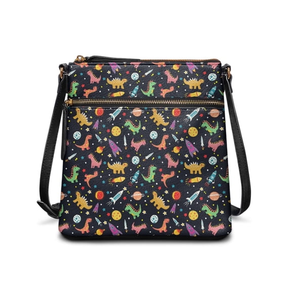 HELLHERO Space Dinosaur Rocket Pattern Satchel Bag, Waterproof Crossbody Purse Multiple Zipper Pockets Lightweight Women's Shoulder Bag for Shopping Travel
