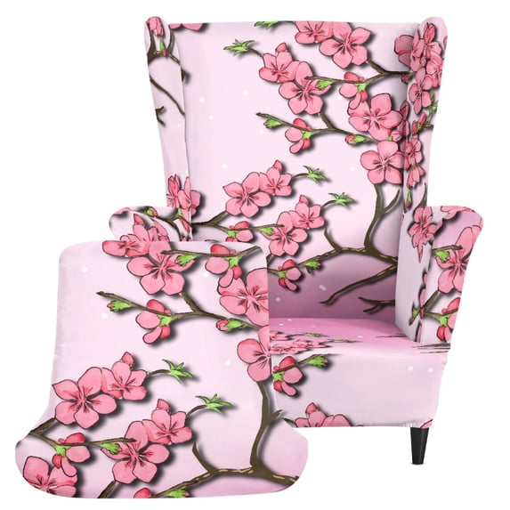 HELLHERO Spandex 2-Piece Wingback Chair Slipcover for Indoor, Elastic Bottom Non-slip Single-Seat Wingback Armchair Covers, Cherry Blossom Branch