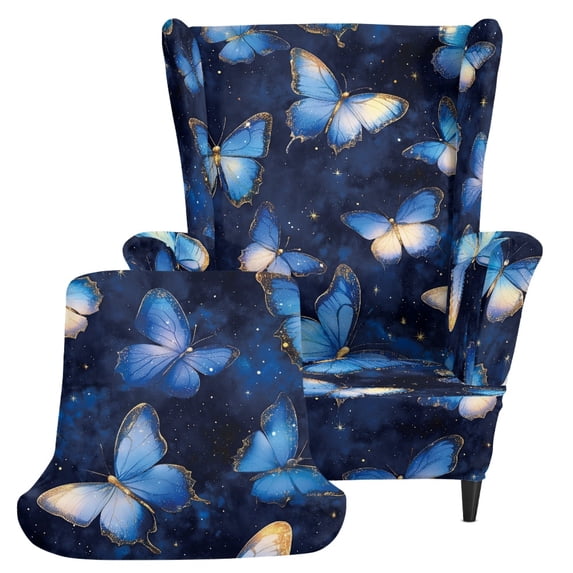 HELLHERO Spandex 2 Piece Wingback Chair Slipcover for Living Room, Machine Washable Non-slip Wingback Chair Cover, Blue Butterfly Sky