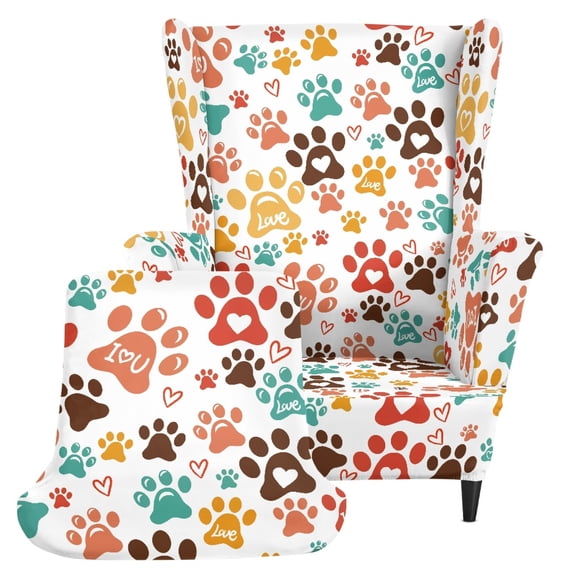 HELLHERO Spandex 2 Pieces Wingback Chair Cover for Living Room, Stain Resistant Anti-Scratch Armchair Sofa Slipcover, Paw Prints Pattern