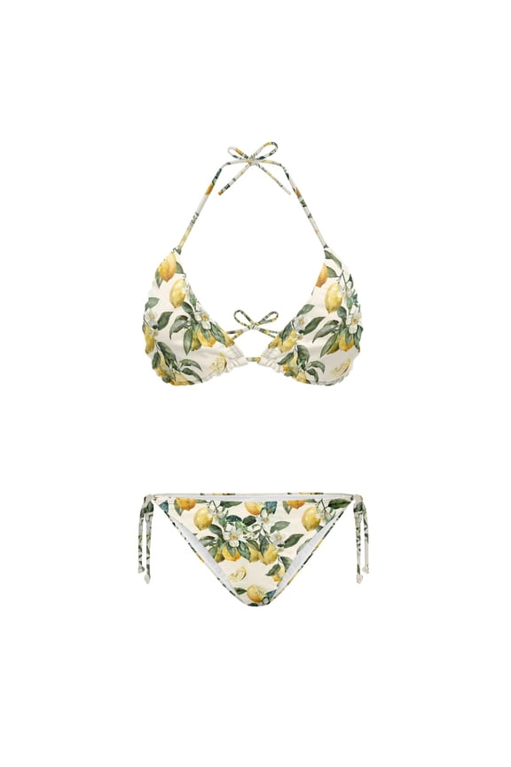 Spandex Tie Side Bikini for Women Light Plus Size Halter Bikini Set Lemons Print