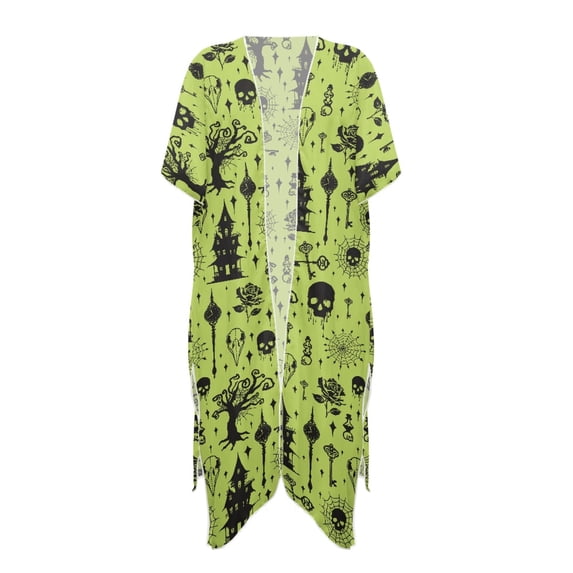 HELLHERO Spooky Pattern Long Kimono Swimsuit Cover Up Polyester Lightweight Free Size Bathing Suit Cover Up for Women