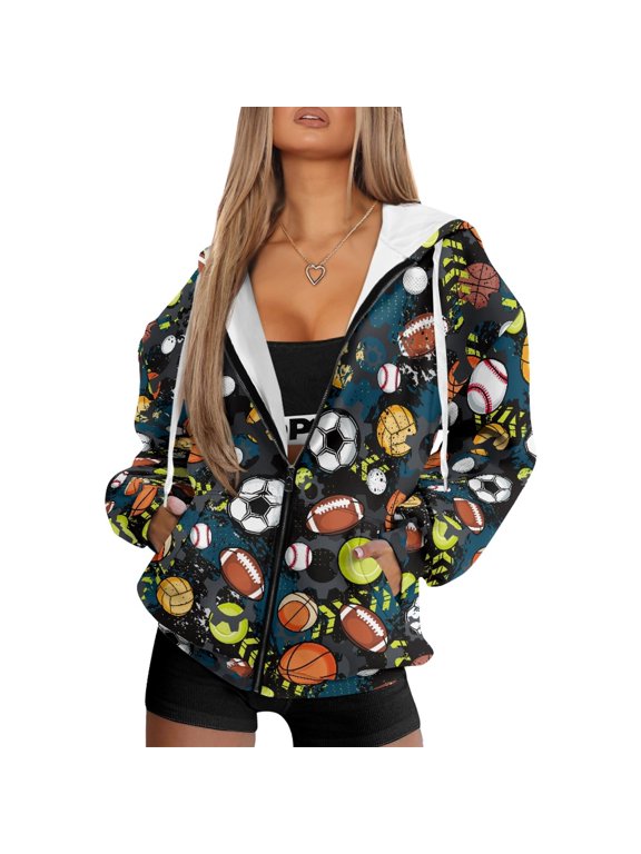 Sports Balls Pattern with Pockets Track Jacket, Polyester Fabric Cropped Hoodie Skin‑Friendly With Zipper Hoodie Jacket for Fall Outdoor
