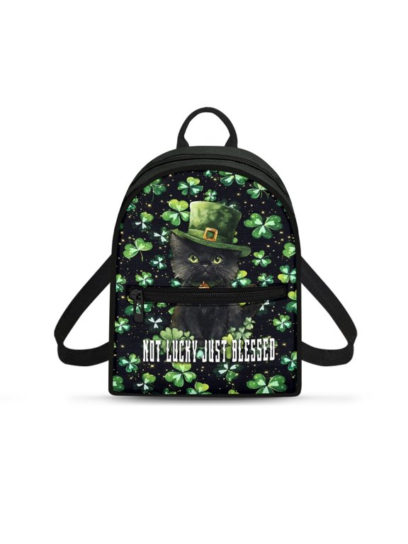 St. Patrick Black Cat Clover Small Backpack, Water-Resistant Polyester Mini Backpack for Travel Shopping, Adjustable Strap Travel Backpack