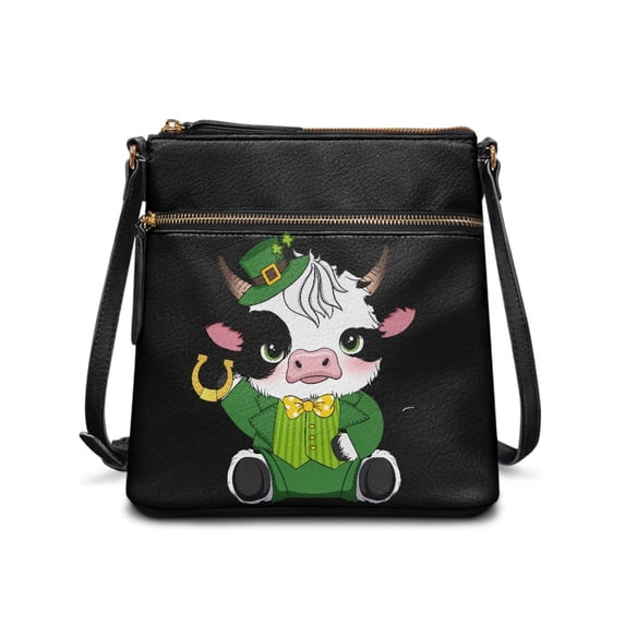HELLHERO St. Patrick Crossbody Bag with Lucky Cow Print, PU Leather Adjustable Strap Sling Bag for Women, Stylish Shoulder Purse for Daily Work and Travel