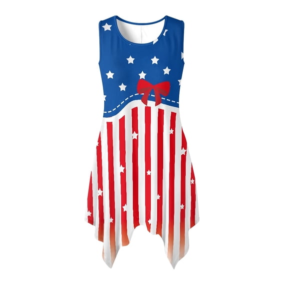 HELLHERO Star Stripe Design Sleeveless Sundress, Side Pockets Summer Sleeveless Dress Irregular Hem Comfort Asymmetric Hem Midi Dress for Holiday Events