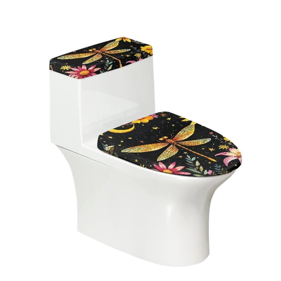 HELLHERO Star and Dragonfly Pattern Bathroom Seat Covers Elastic Bottom Toilet Seat Cover Set & 2 Pcs Set for Bathroom Dustproof Adjustable