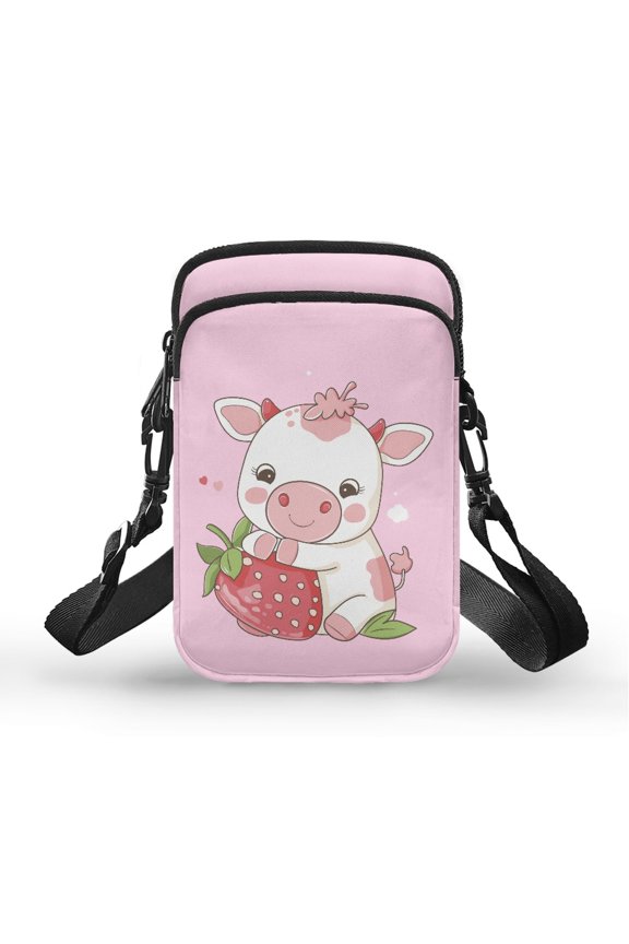 Strawberry Cow Women Shoulder Bag with with Zipper Adjustable Shoulder Strap Crossbody Bag Unique Gift Polyester