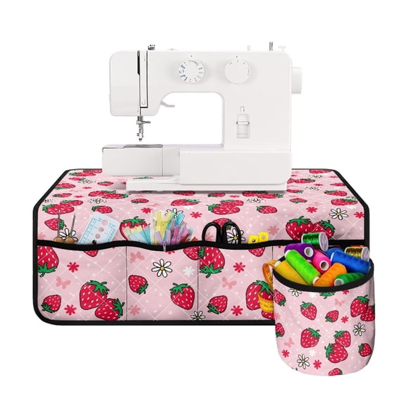 HELLHERO Strawberry and Daisy Pattern Sewing Machine Pad Sewing Machine Dustproof Foldable Polyester Fabric with Storage Cylinder Non Slip Sewing Accessories