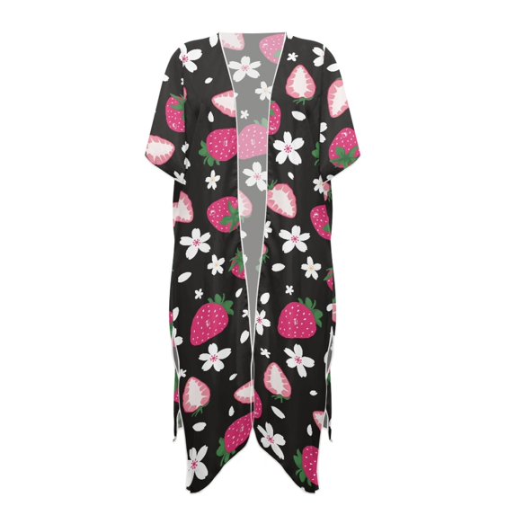HELLHERO Strawberry & Flowers Beach Cover Up Polyester Kimono Free Size Bathing Suit Cover Up for Women