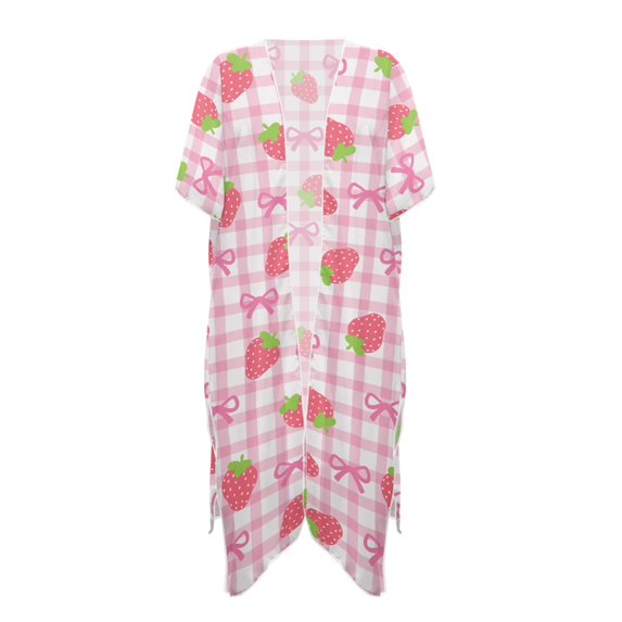 HELLHERO Strawberry Gingham Print Long Kimono Swimsuit Cover Up High Quality Fabrics Breathable Free Size Bathing Suit Cover Up for Women