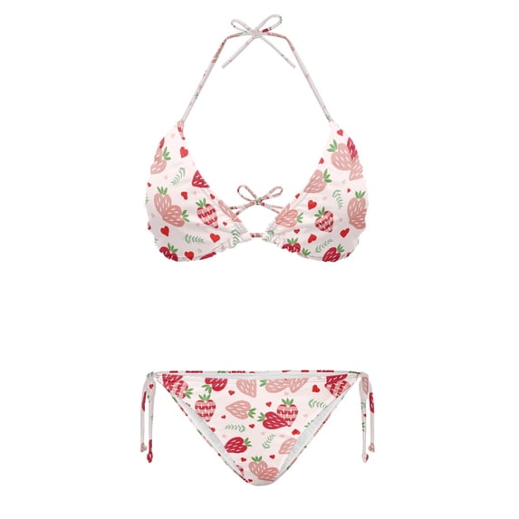 HELLHERO Strawberry Heart Print Plus Size Two Piece Bikini Set Adjustable Halter Tie Side Swimwear Summer Bathing Suit for Beach Pool Vacation