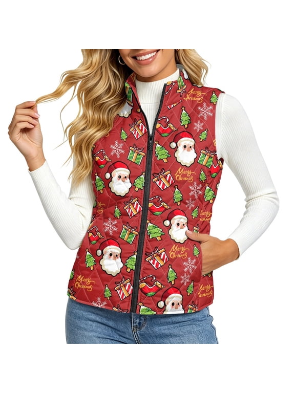 Stretch Polyester with Pocket Women's Quilted Vest for Vacation Fall Hiking, Warm Quilted Jacket Coat, Christmas