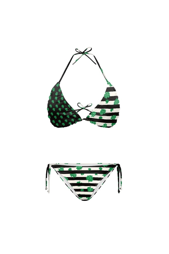 Striped Shamrock Bathing Suit Spandex Plus Size Quick Drying Halter Bikini Set Two Piece